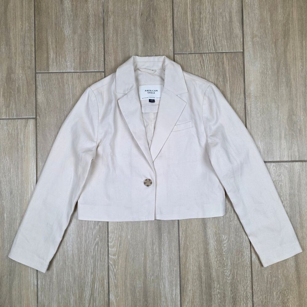 American Eagle Cropped Blazer Jacket Womens Small Beige Linen Lyocell